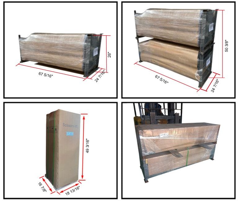 Four items, including two horizontal units, one vertical box, and a forklift pallet with a 9,000lbs capacity, labeled as AMGO MRL09 Mid-Rise Scissor Lift by AMGO Hydraulics.
