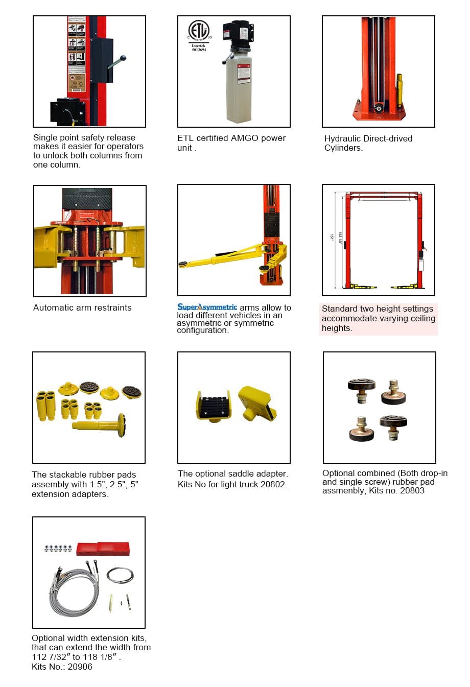 The AMGO Hydraulics AMGO OH-10 10,000 lbs 2 Post Lift features various components and accessories for an automotive lift, including safety features and arm restraints, all showcased in detail with Super Asymmetric technology.