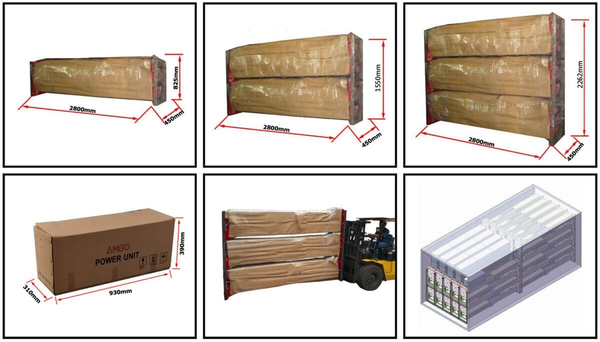 A series of images showcasing the dimensions and packaging of the AMGO OH-10 10,000 lbs 2 Post Lift and large wrapped items, featuring Super Asymmetric technology from AMGO Hydraulics.