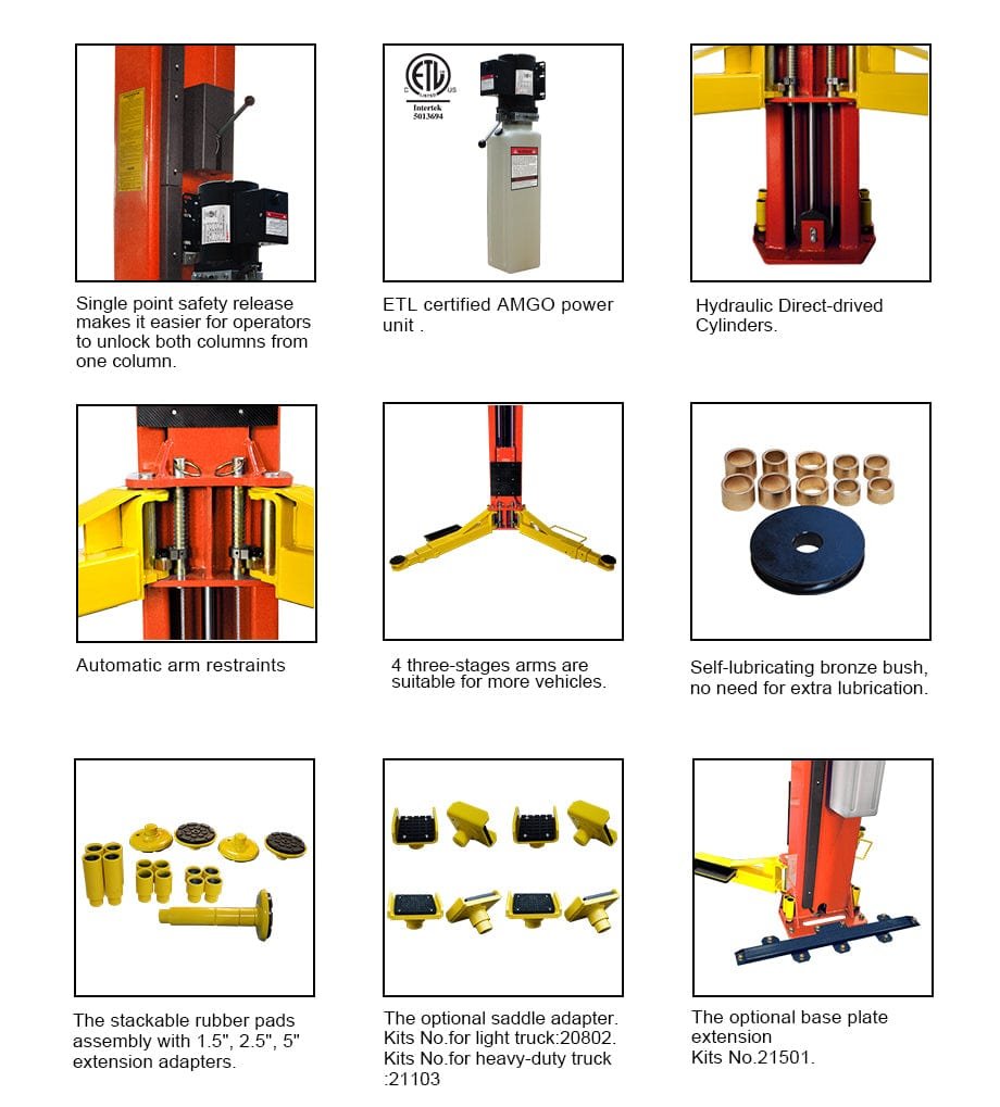 The AMGO Hydraulics OH-12 12,000 lbs 2 Post Lift offers a comprehensive set of features, including a safety release, ETL power unit, hydraulic cylinders, arm restraints, extension kits, and three-stage arms. This model boasts a robust lifting capacity of 12,000 lbs.