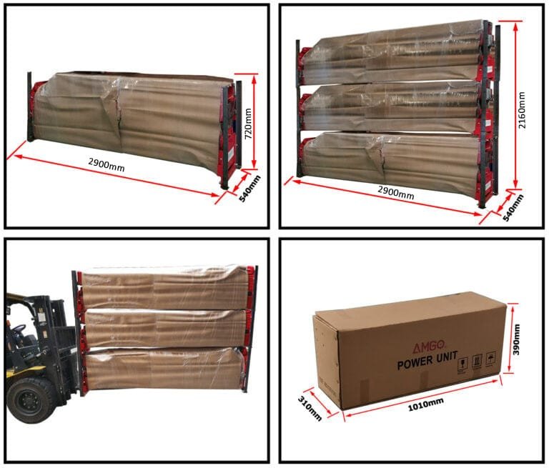 Four images displaying the dimensions of a disassembled AMGO Hydraulics OH-12 12,000 lbs 2 Post Lift with three-stage arms and a boxed power unit.