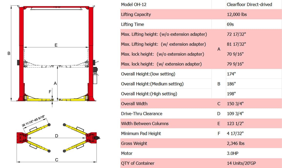 Diagram of the AMGO Hydraulics OH-12 12,000 lbs 2 Post Lift with specifications, including lifting capacity (12,000 lbs), dimensions, and lifting height, featuring advanced three-stage arms.