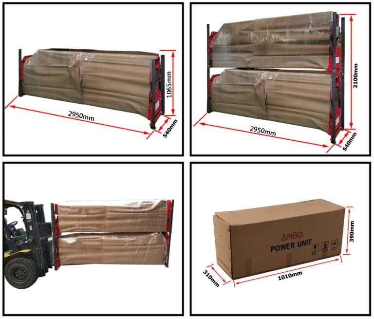 Collage featuring truck parts with dimensions and forklift loading, including a boxed AMGO Hydraulics AMGO OH-12S (Short) 12,000 lbs 2 Post Lift.