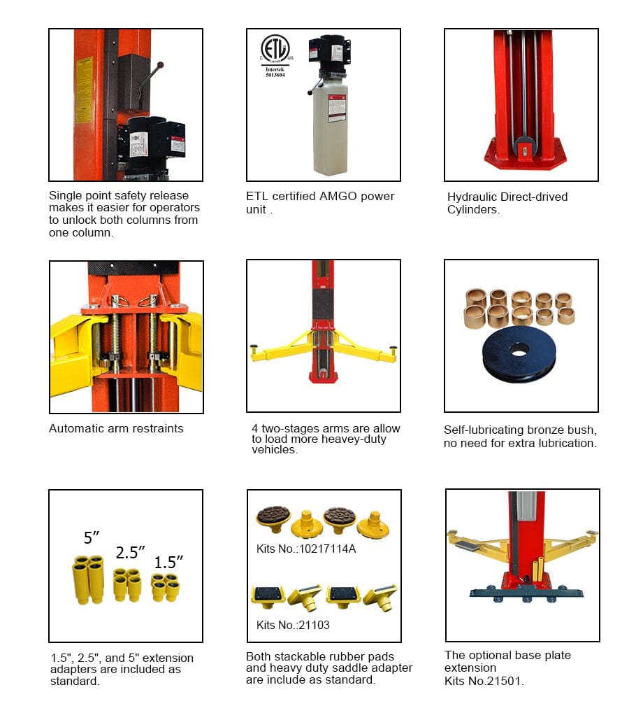 A collage showcasing various features and accessories for the AMGO OH-15 15,000 lbs 2 Post Lift by AMGO Hydraulics, including safety releases, arm restraints, and bushings with heavy lifting capabilities.