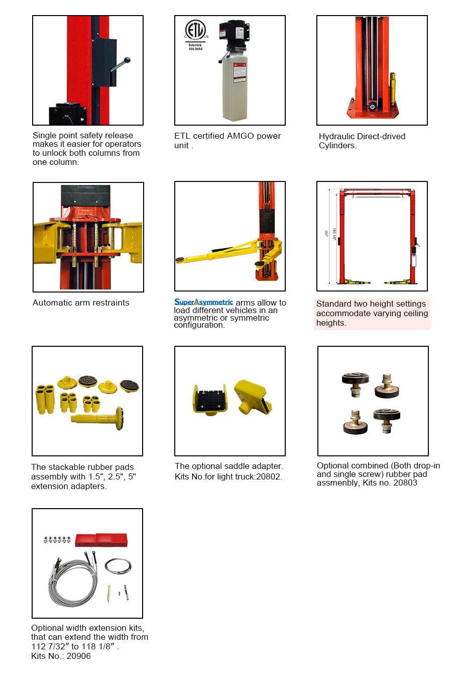 A collage of images and descriptions showcasing features of the AMGO OH-9 9,000 lbs 2 Post Lift by AMGO Hydraulics, including safety and extension options for a 9000lbs capacity.