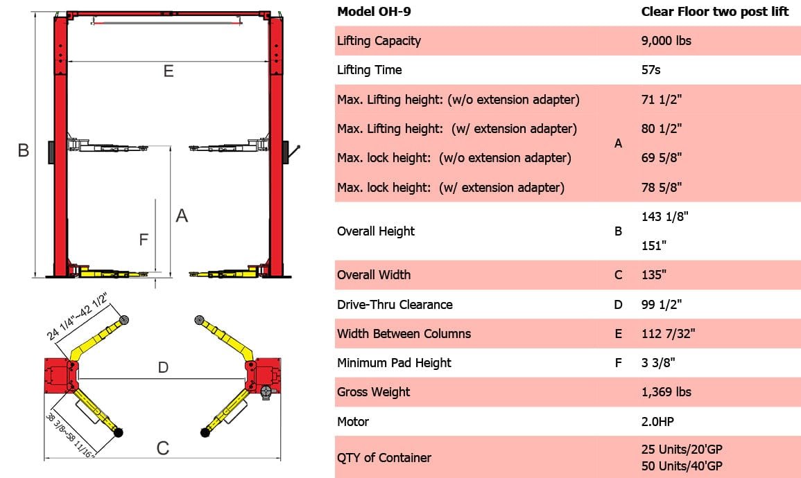 Diagram and specifications for the AMGO OH-9 9,000 lbs 2 Post Lift by AMGO Hydraulics, showcasing dimensions, lifting capacity (9000 lbs), and features, including Super Asymmetric technology.