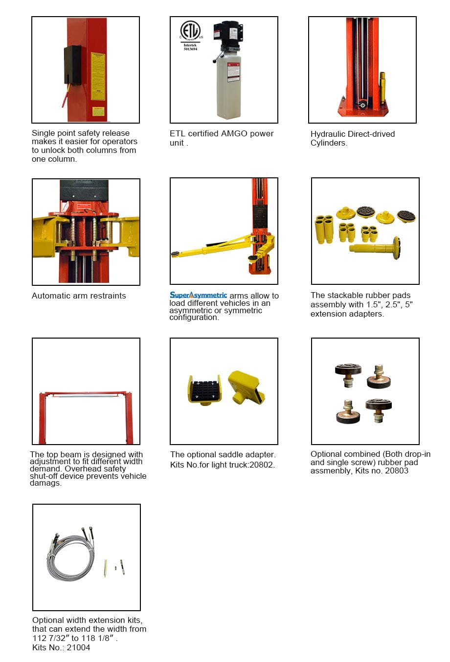 A detailed image showcasing various parts and features of the AMGO Hydraulics AMGO OHX-10 10,000 lbs 2 Post Lift with text descriptions beside each component, highlighting its impressive 10,000 lbs capacity.