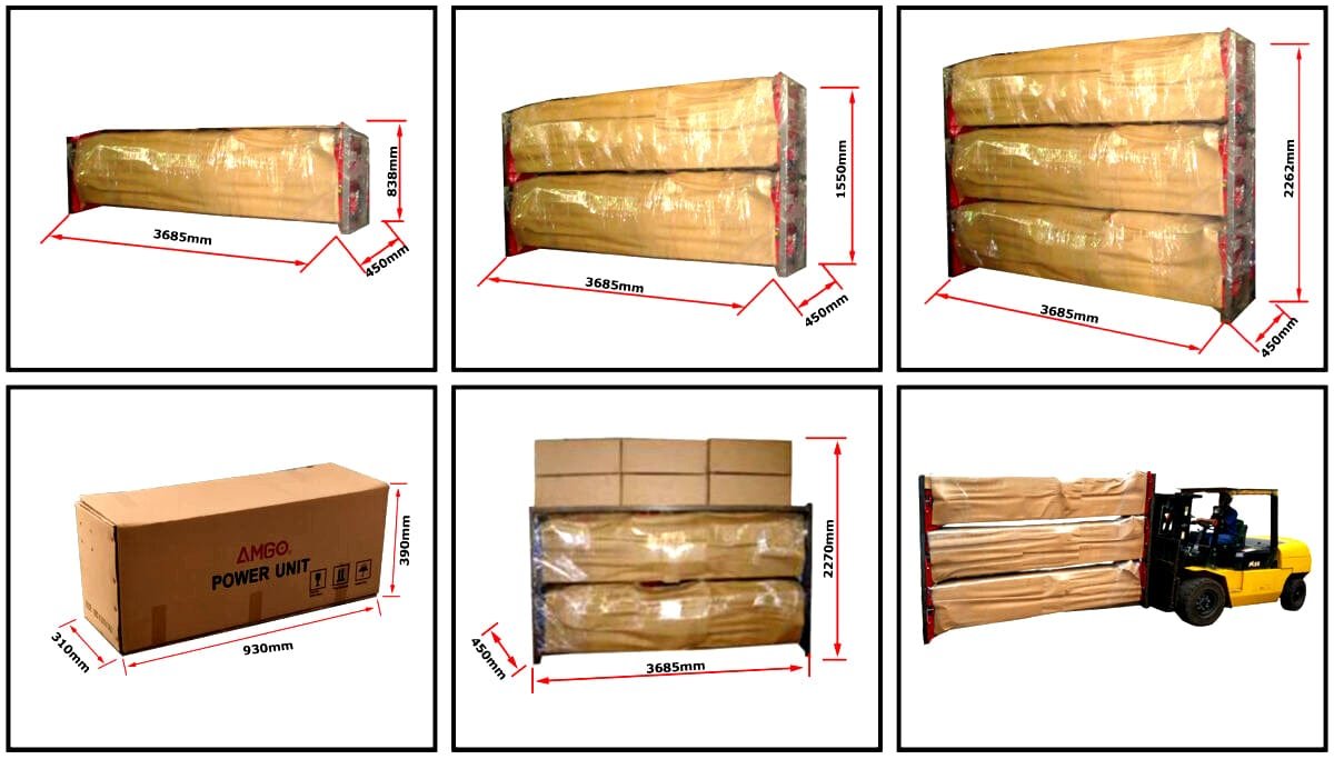 Various boxed and packaged large items with dimensions shown in red, alongside a forklift carrying wrapped packages, and an AMGO Hydraulics OHX-10 10,000 lbs 2 Post Lift.