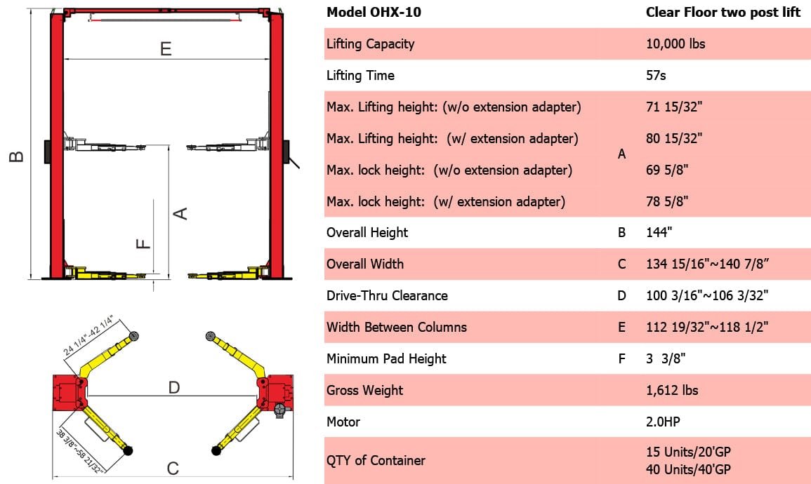 Technical specifications and diagram of the AMGO Hydraulics OHX-10 10,000 lbs 2 Post Lift, detailing dimensions, capacity, and lifting features.