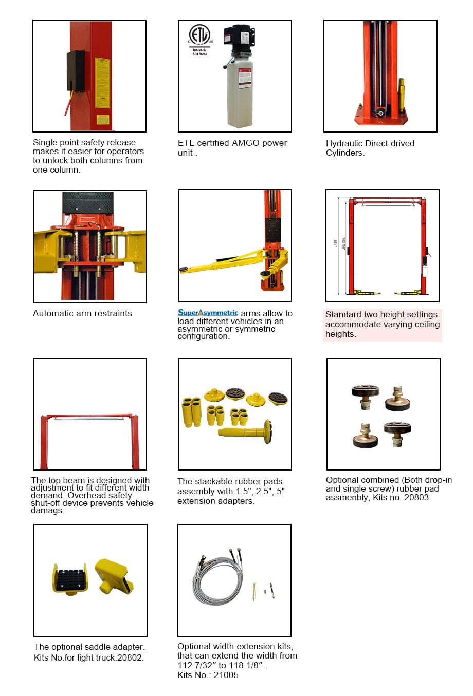A collage featuring automotive equipment and accessories, highlighting the AMGO OHX-10H 10,000 lbs 2 Post Lift by AMGO Hydraulics, with descriptions and images of lifting systems, asymmetric arms, and adapters.