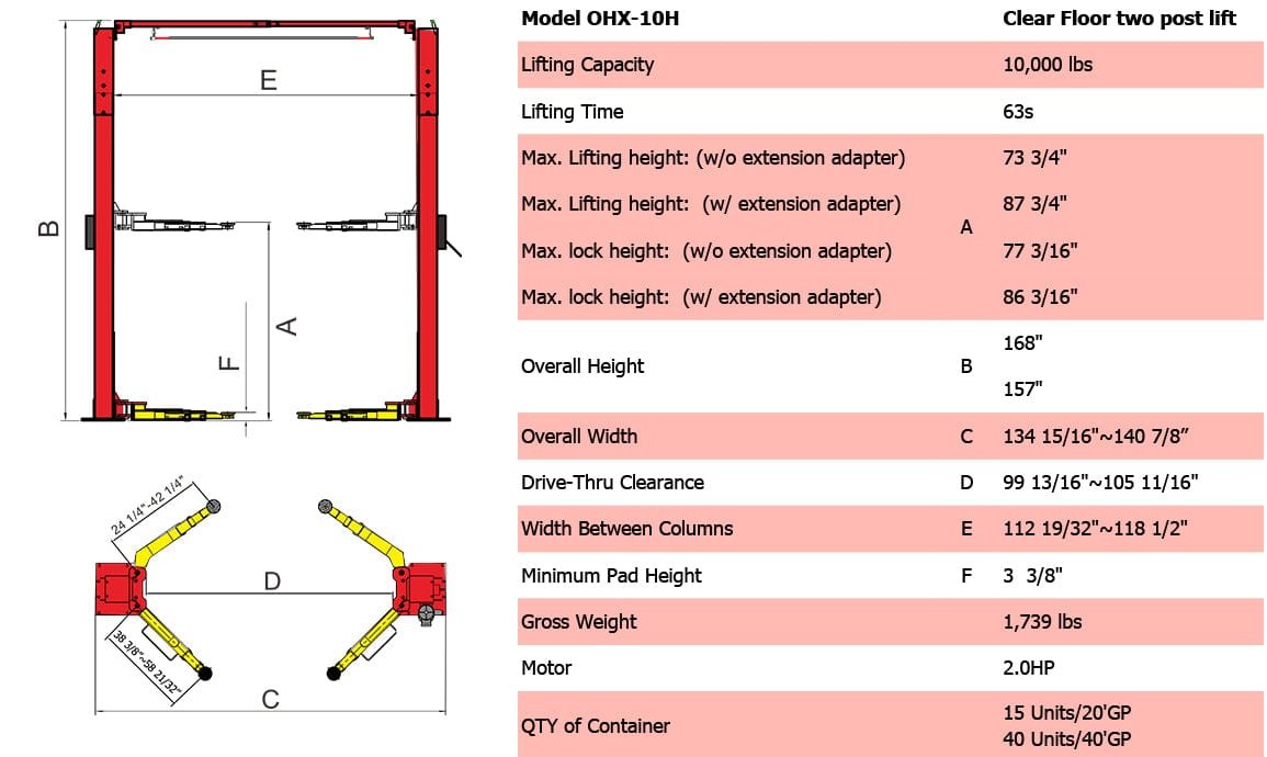 Diagram of the AMGO OHX-10H 10,000 lbs 2 Post Lift by AMGO Hydraulics, with detailed specifications and measurements shown in a red chart, showcasing its 10,000lbs capacity.