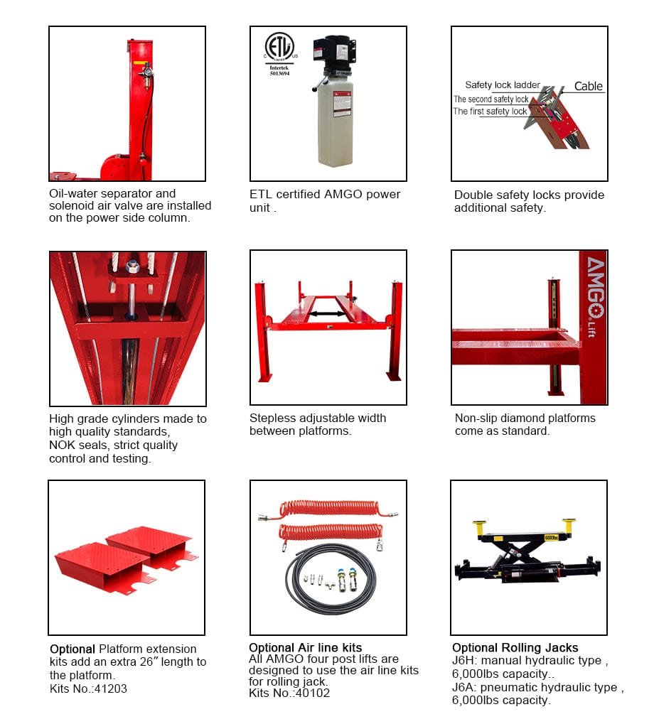 A collage showcasing various features and optional accessories of the AMGO Hydraulics PRO-12 12,000 lbs 4 Post Lift, including a power unit, jacks, and air kits.