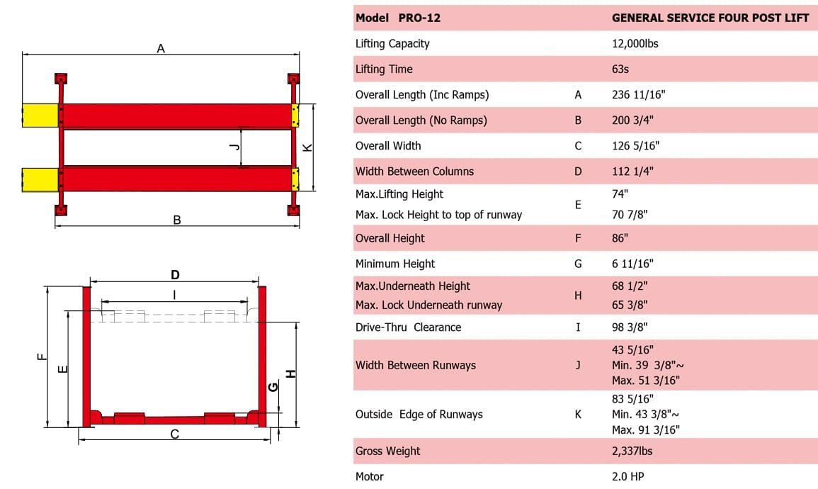 Diagram and specifications for the AMGO Hydraulics AMGO PRO-12 12,000 lbs 4 Post Lift, detailing dimensions and stepless width adjustment.