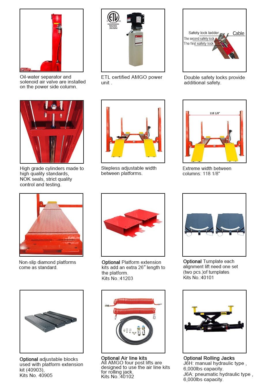 Compilation of various automotive service equipment, including lifts like the AMGO Hydraulics PRO-12SX 12,000 lbs 4 Post Lift, jacks, safety features, and accessory parts.