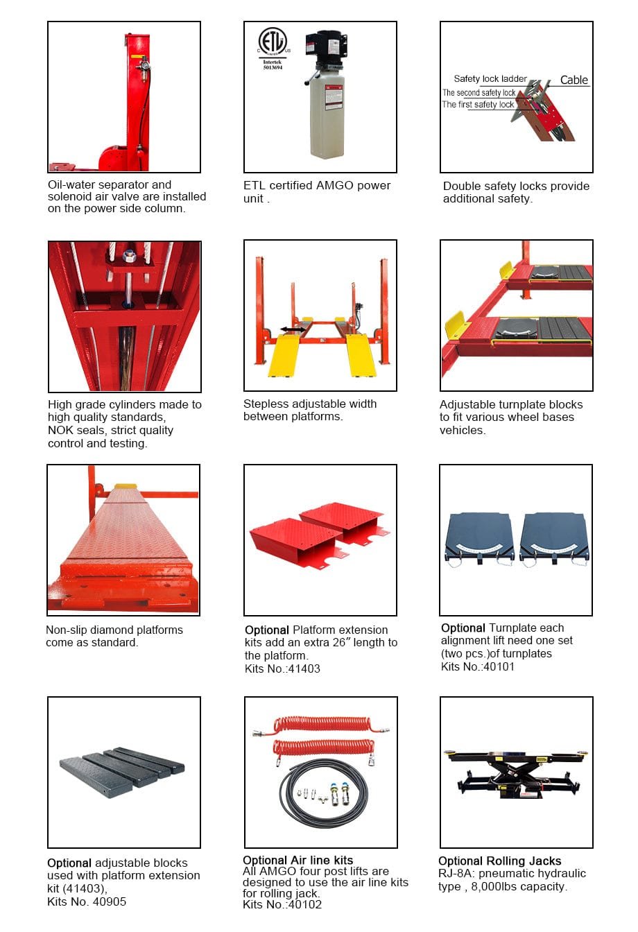 A collage of various vehicle lift equipment including commercial-grade models, platforms, jacks, and accessories with descriptive text for each item. Featured is the AMGO Hydraulics AMGO PRO-14A 14,000 lbs 4 Post Alignment Lift, ideal for wheel alignment services.