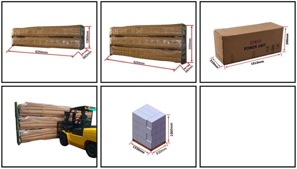 Details about the dimensions and packaging of the AMGO PRO-14AE 14,000 lbs 4 Post Alignment Lift from AMGO Hydraulics include boxes and bundled units. Forklifts are used to move the bundled units. Stacked boxes are also part of the process.