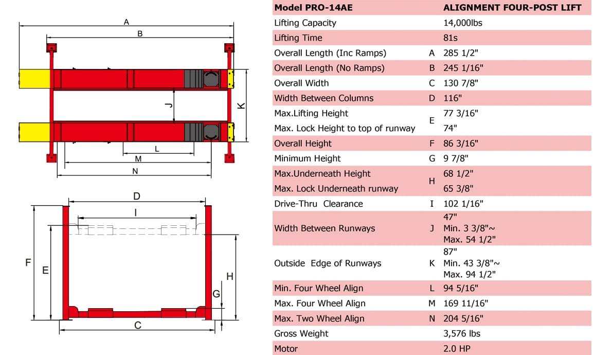 Diagram of the AMGO PRO-14AE 4 Post Alignment Lift by AMGO Hydraulics, detailing measurements, 14,000 lbs capacity, and lift time (68 sec), with labeled sections.