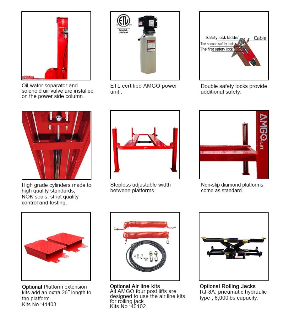 A grid of images showcasing car lift accessories for the AMGO Hydraulics AMGO PRO-14E 14,000 lbs 4 Post Lift, featuring safety locks, oil separators, high-grade cylinders, and rolling jacks.