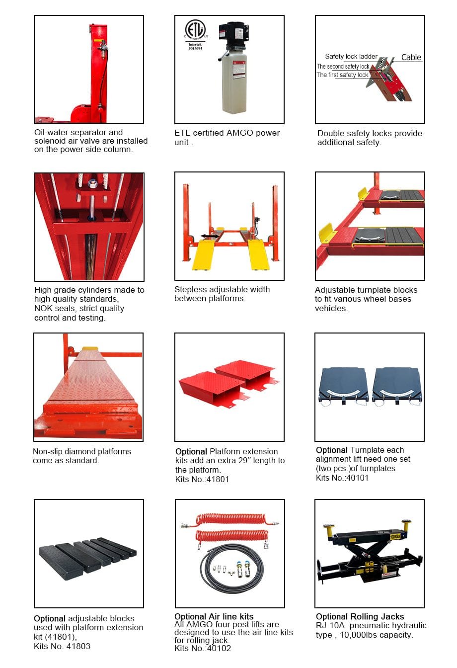 Collage of various garage equipment, including jacks, AMGO Hydraulics' PRO-18A 18,000 lbs 4 Post Alignment Lifts, adjustable blocks, separators, and safety accessories with descriptions used in automotive shops.