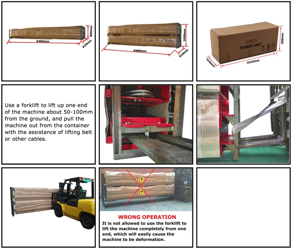 Step-by-step guide showing the correct and incorrect ways to lift a machine using a forklift, ideal for use in automotive shops with equipment like the AMGO Hydraulics PRO-18A 18,000 lbs 4 Post Alignment Lift.