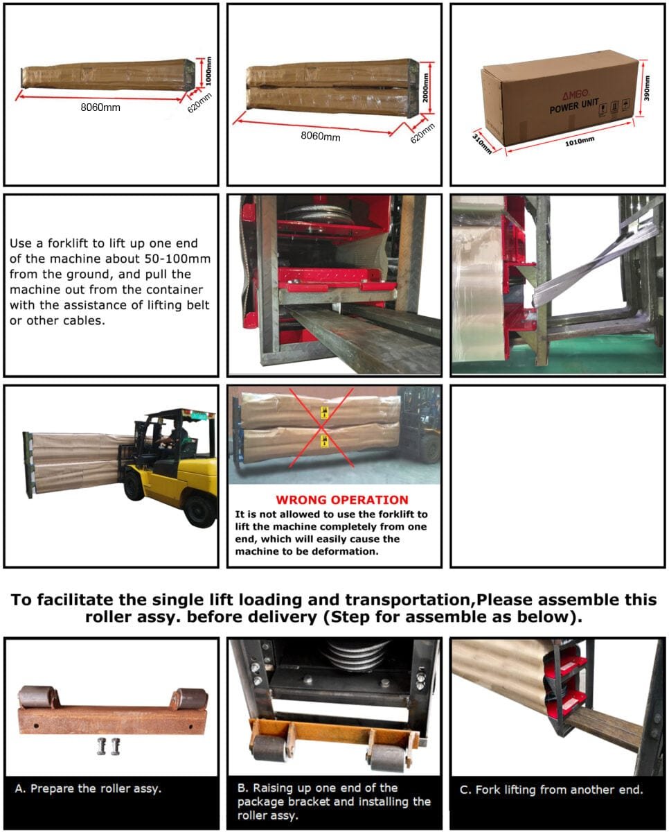 Step-by-step forklift instructions for lifting and transporting a packaged roller assembly, including a note on incorrect usage. Ensure the AMGO PRO-30 Heavy-Duty 30,000 lbs 4 Post Lift from AMGO Hydraulics capacity is not exceeded to prevent operational hazards.