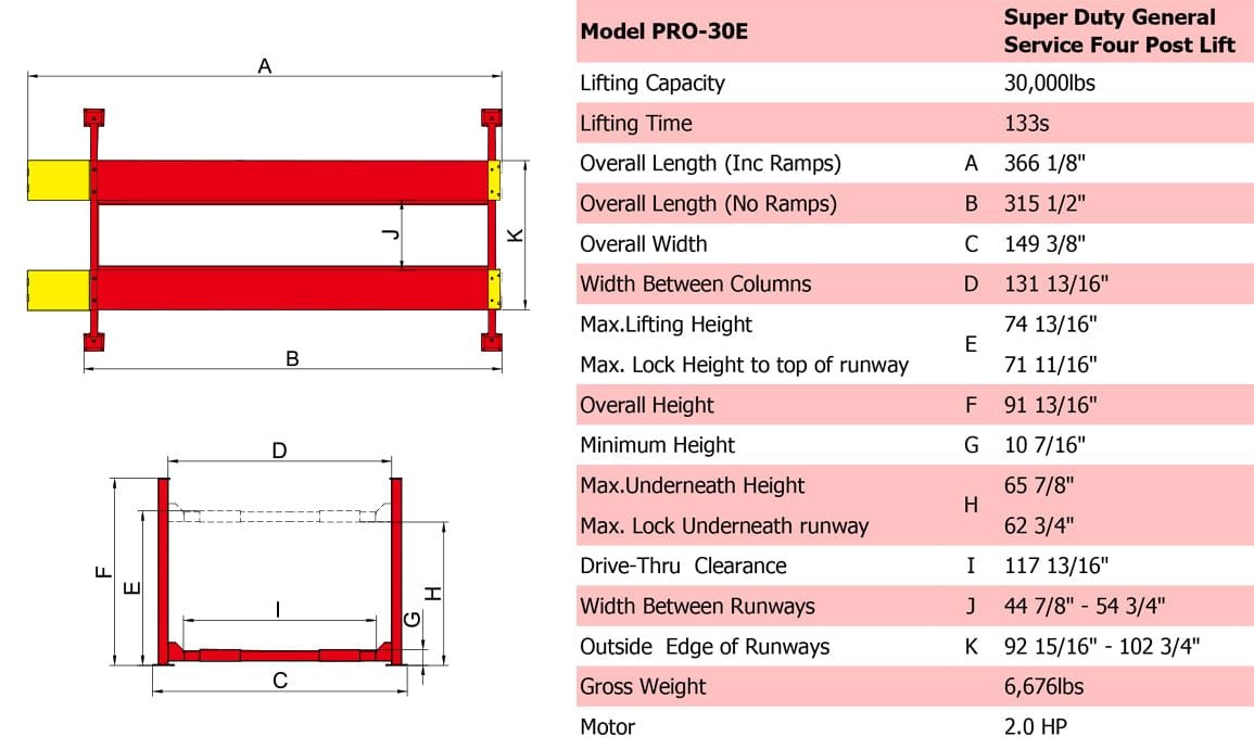 The technical specification sheet for the AMGO PRO-30E Heavy-Duty 30,000 lbs 4 Post Lift by AMGO Hydraulics showcases dimensions, 30,000 lbs capacity, and measurements.