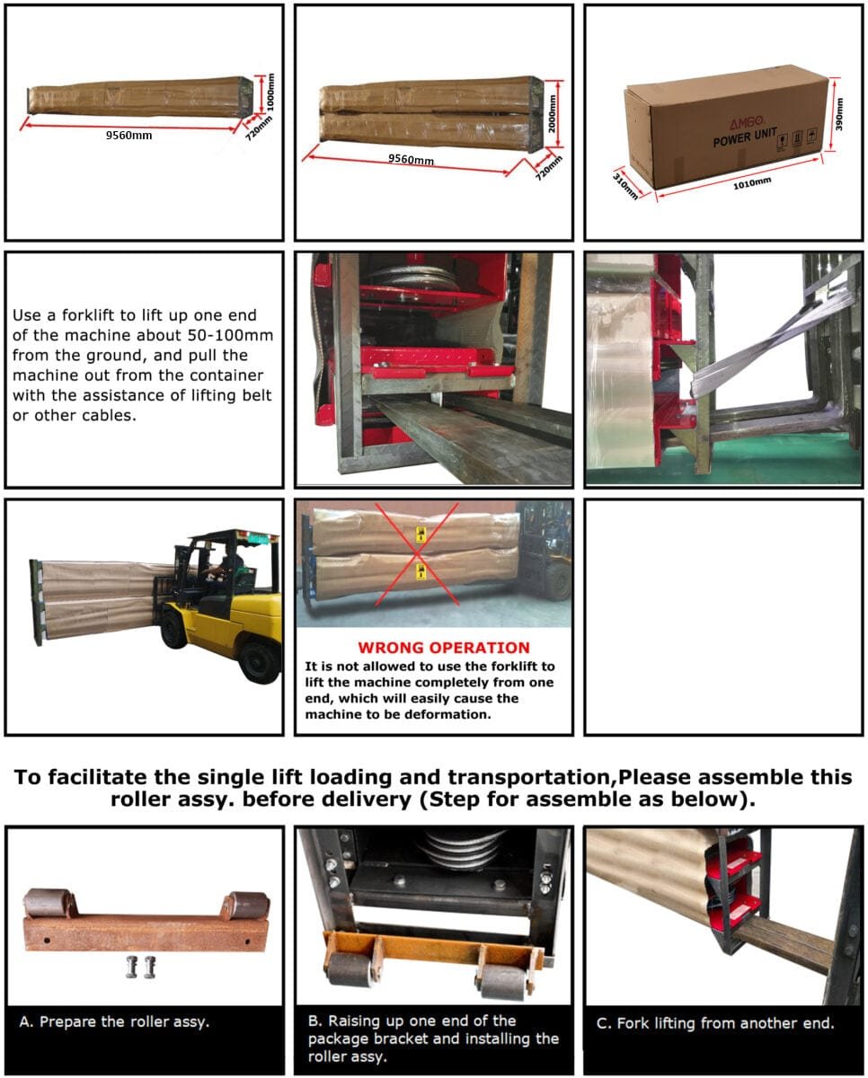 Instructions and images for assembling and handling a roller assembly using a forklift, emphasizing correct and incorrect methods, feature the AMGO PRO-40 40,000 lbs 4 Post Lift by AMGO Hydraulics to ensure safety and efficiency during the process.