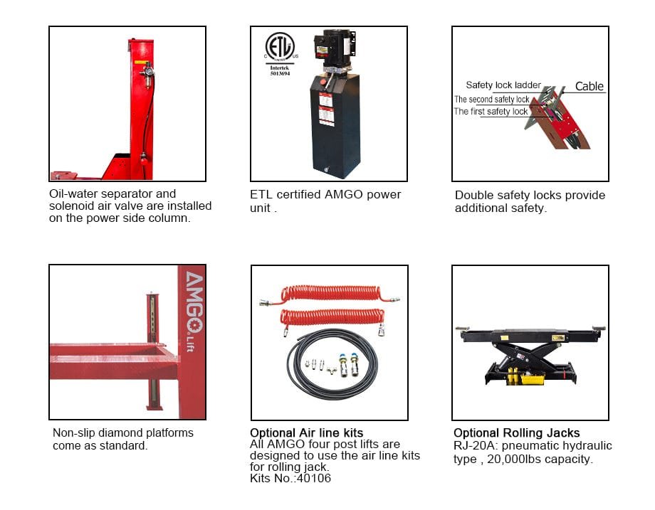 Image showcasing various features and options for the AMGO Hydraulics PRO-40E (Extra Length) 40,000 lbs 4 Post Lift, including power units, safety locks, air line kits, and rolling jacks.