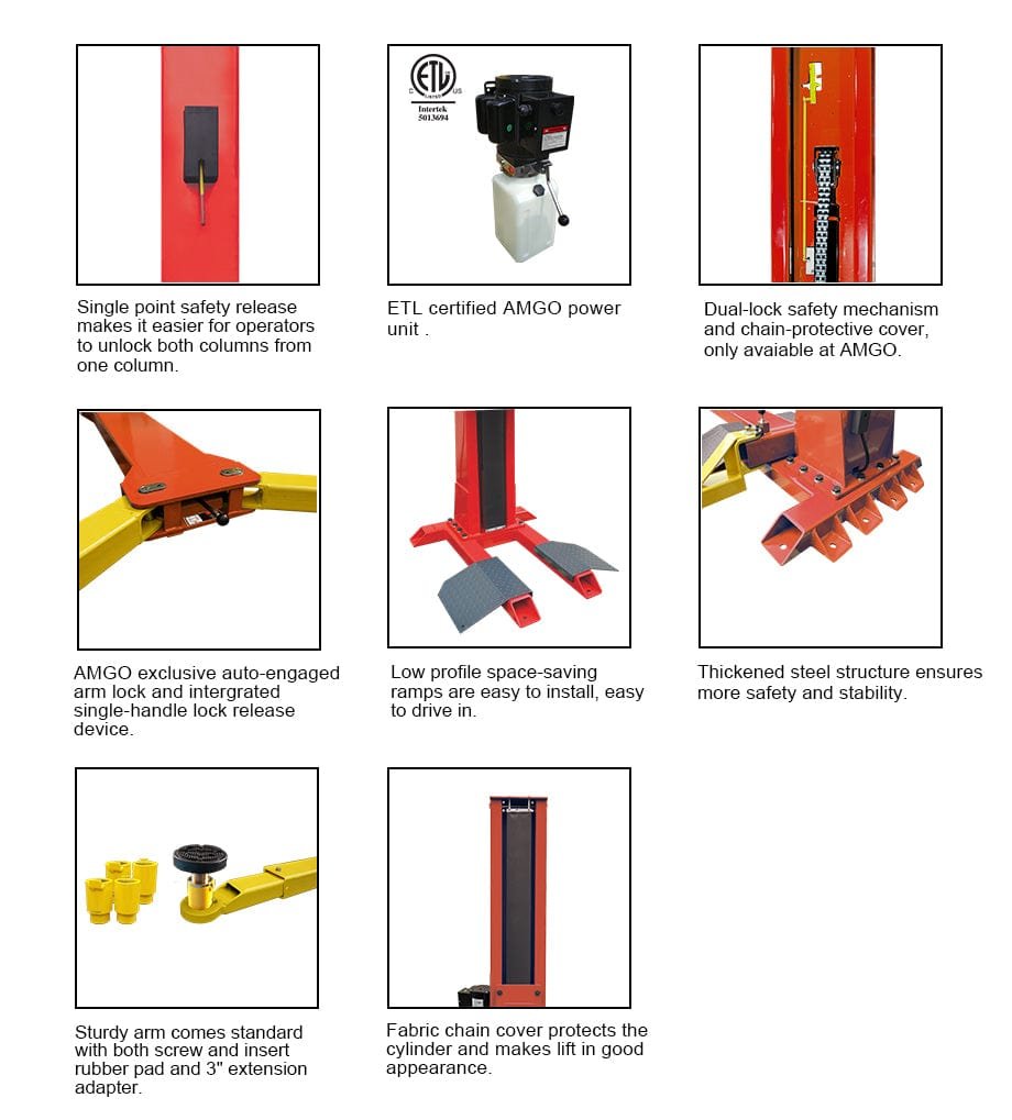 Collage of images highlighting the features of the AMGO Hydraulics SL-7 7,000 lbs Single Post Lift, showcasing safety mechanisms, power unit, and components.
