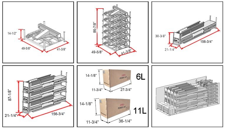 Diagrams and dimensions for various storage rack configurations, featuring two cardboard boxes labeled 