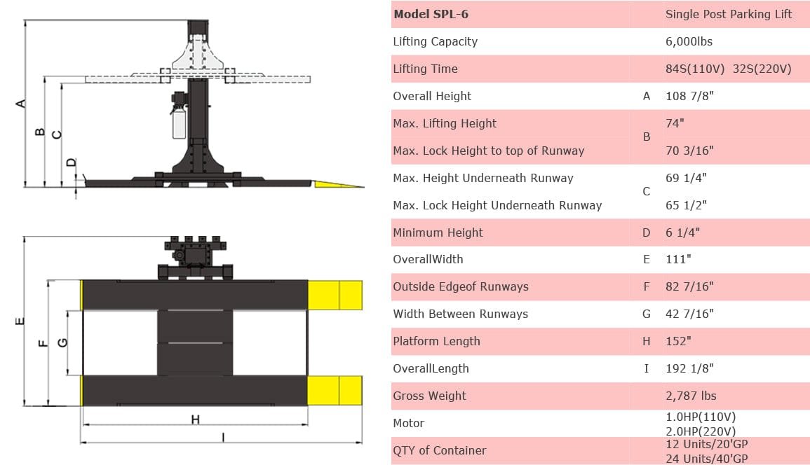 Diagram of the AMGO Hydraulics SPL-6 Single Post Parking Lift with specifications, including lifting capacity, height, and dimensions.