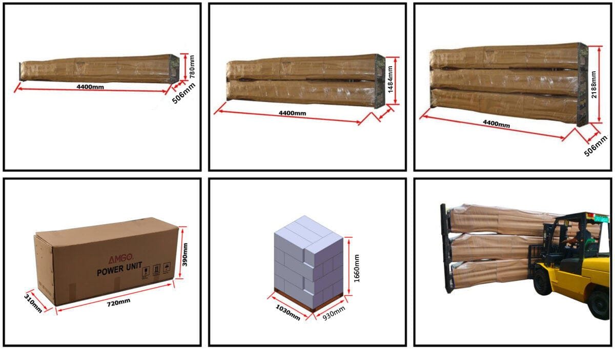 Assorted packaging with dimensions and a forklift carrying logs wrapped in brown material, part of the AMGO Hydraulics Deluxe Series 408-P 8,000 lbs 4 Post Parking Lift.