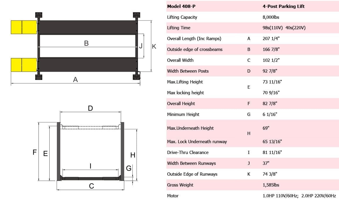 Diagram of an AMGO Hydraulics 408-P 4-post parking lift from the Deluxe Series with detailed measurements and specifications on the right, showcasing its 8,000 lbs capacity.