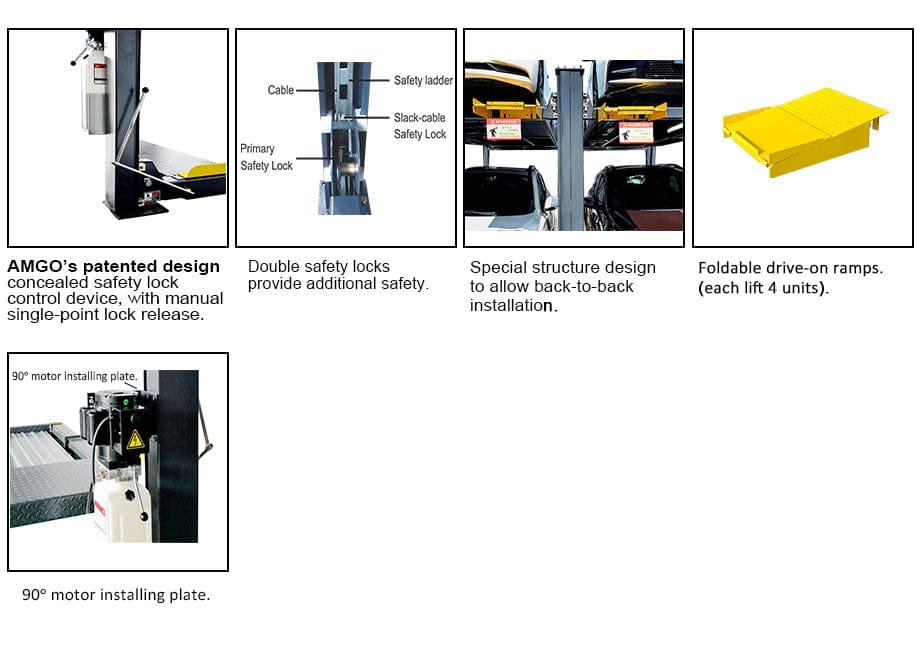 The AMGO 409-DP 9,000 lbs Double Parking 4 Post Lift by AMGO Hydraulics features a safety lock system, a low-profile space-saving lift mechanism with cars, foldable drive-on ramps, a 90 motor installing plate, and a control device.