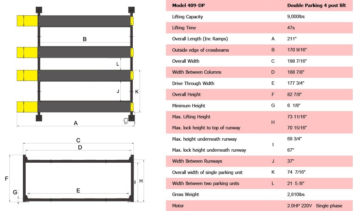 Diagram of the AMGO Hydraulics AMGO 409-DP 9,000 lbs Double Parking 4 Post Lift with dual safety locks, showing dimensions and specifications for lifting capacity and overall width.