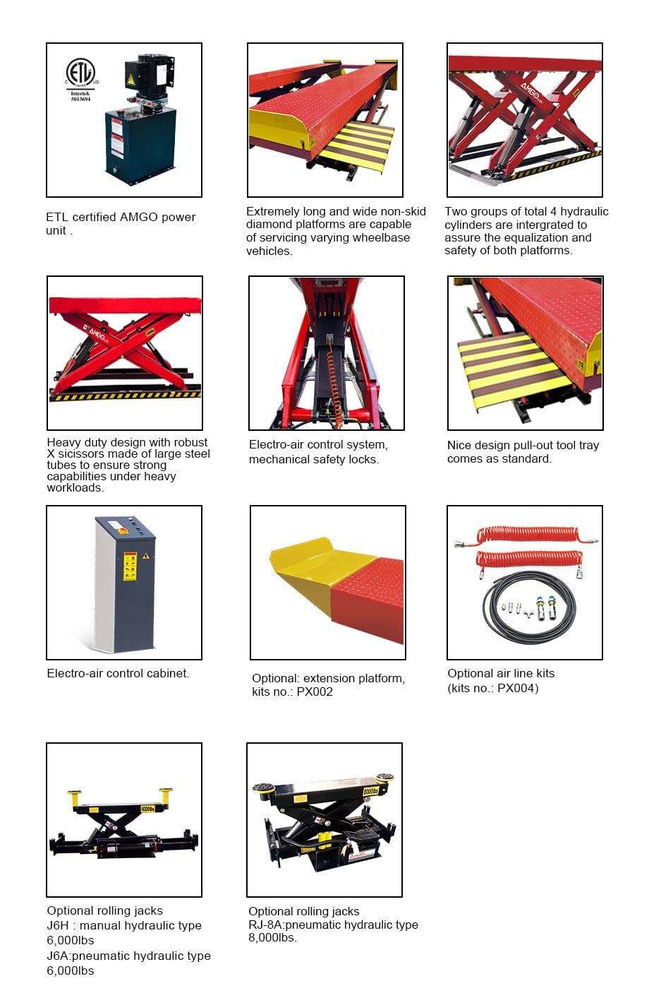 The image showcases various features and optional equipment for a heavy-duty hydraulic lift system, including the AMGO Hydraulics AX-12 12,000 lbs Scissor Lift and its safety features.
