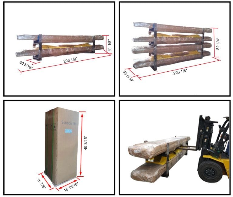 Four images of packaged and measured items, including stacked materials and a box, with a forklift handling packages featuring the AMGO Hydraulics AX-12 12,000 lbs Scissor Lift.