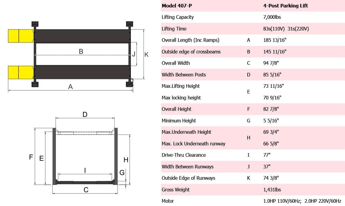 Diagram of the AMGO Hydraulics 407-P 7,000 lbs Parking Lift, showcasing dimensions and specifications, with detailed labels and measurements for reference, including its robust lifting capacity.