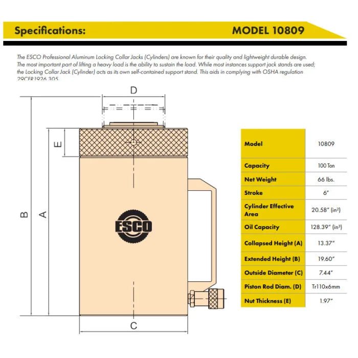 ESCO 10809 100-Ton Safety Locking Collar Jack - Image 6