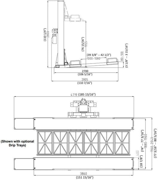 Tuxedo SP-6K-SS 6,000 lb Single Post Storage Lift Dimensions