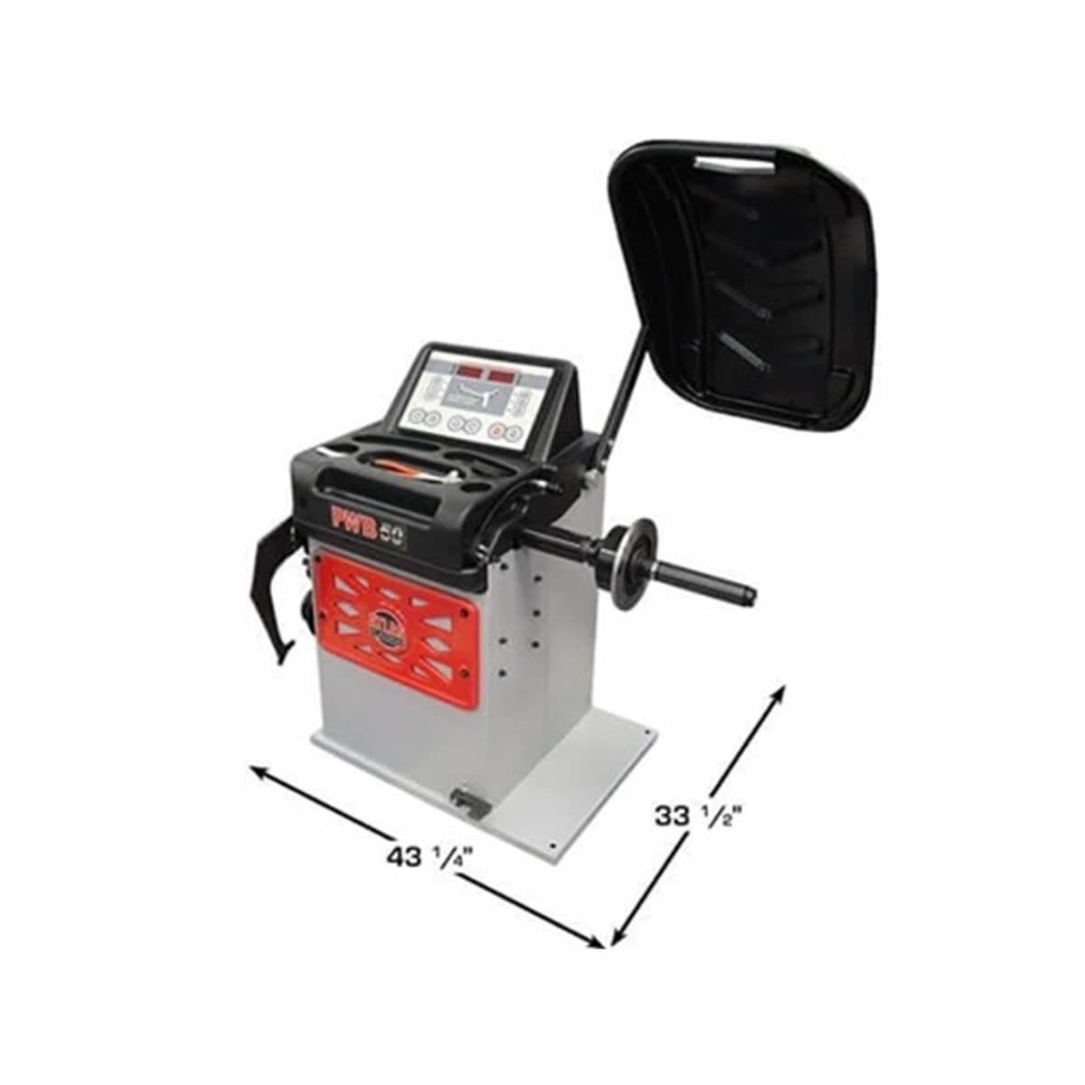 Atlas Platinum PWB50 wheel balancer footprint dimensions: 43 1/4 inches wide and 33 1/2 inches deep