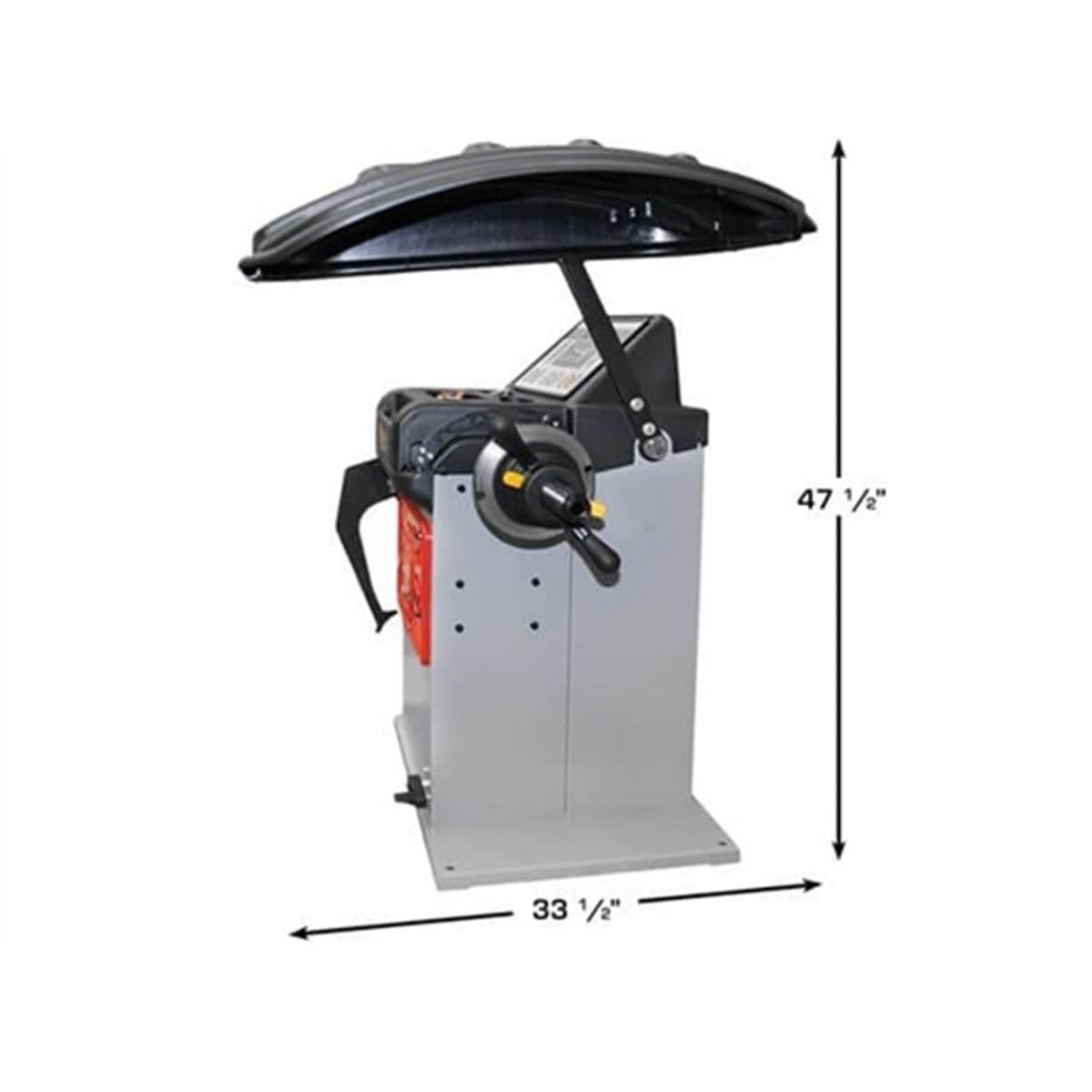 Atlas Platinum PWB50 wheel balancer side profile with hood raised: 47 1/2 inches tall and 33 1/2 inches deep