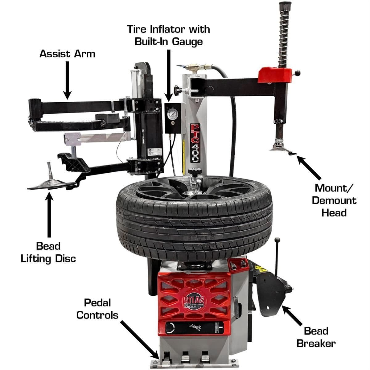 Atlas Platinum PTC400 tire changer with labeled assist arm, mount/demount head, bead breaker, bead lifting disc, tire inflator, and pedal controls