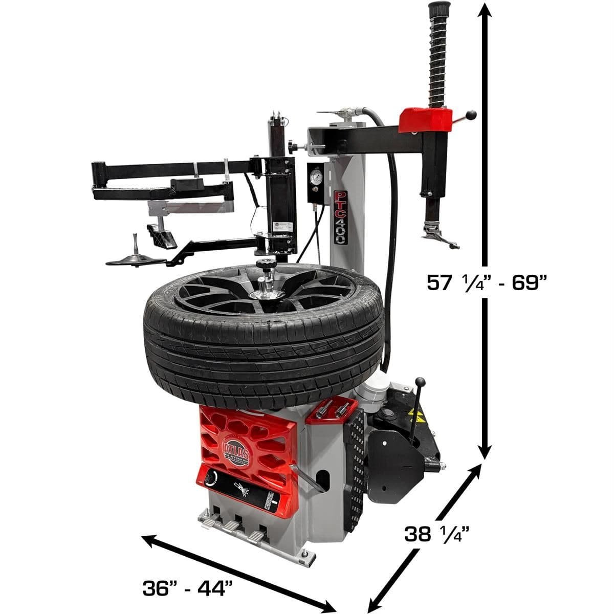 Atlas Platinum PTC400 tire changer footprint and height: 36 to 44 inches wide, 38.25 inches deep, 57.25 to 69 inches tall