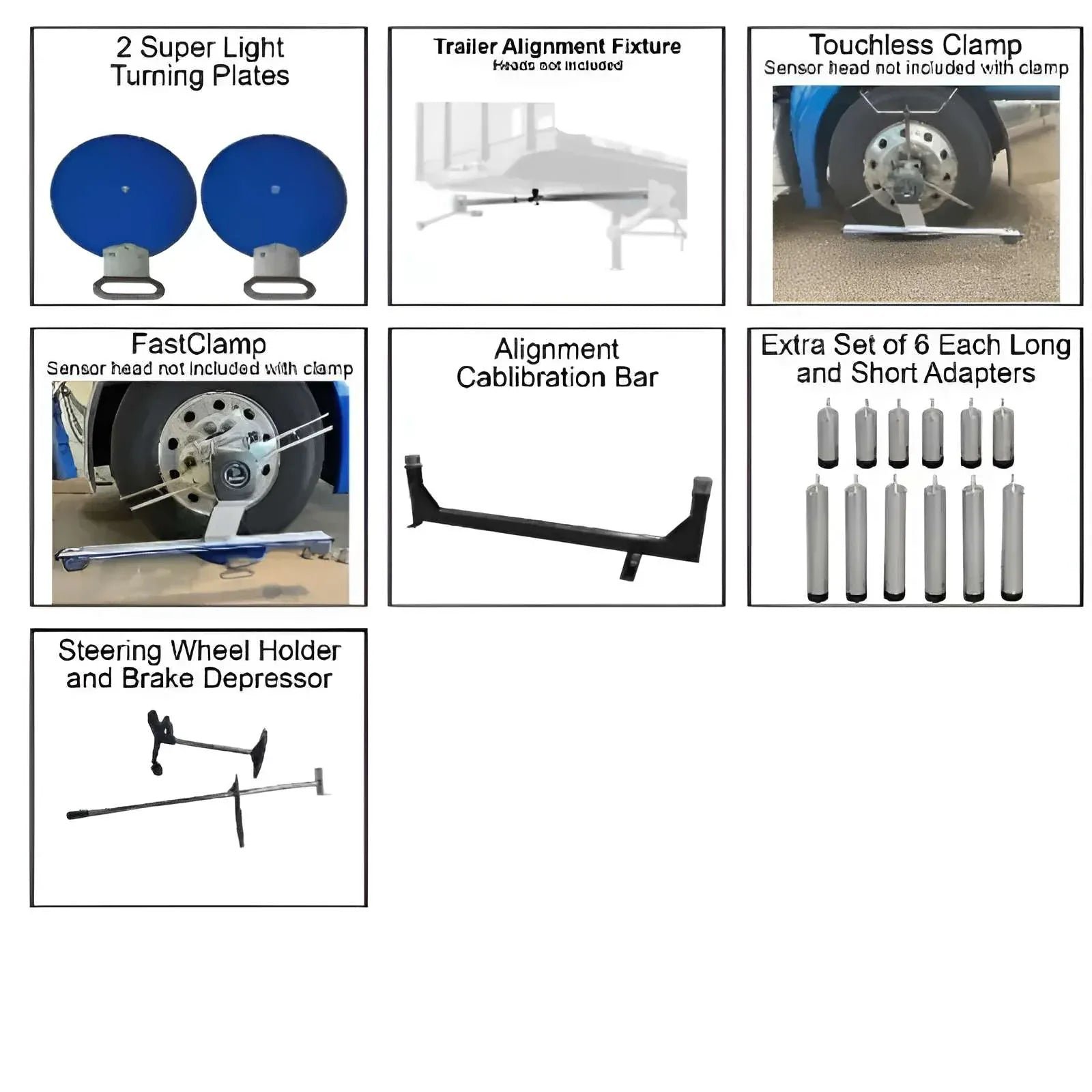 Atlas TD6000CNA included accessories grid: superlight turning plates, trailer alignment fixture, touchless clamp, fast-clamp, calibration bar, long and short adapter set, steering wheel holder and brake depressor