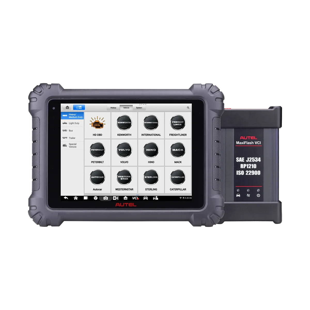 Autel MaxiSYS MS909CV diagnostic tablet showing heavy and medium duty truck brand selection with MaxiFlash VCI module