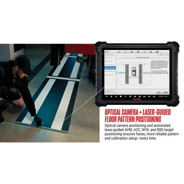 Technician laying out an AVM floor pattern beside the IA1000 frame and the MaxiSYS Ultra S2 tablet showing calibration preparations