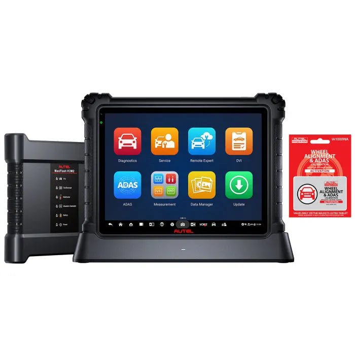 Autel MaxiSYS Ultra S2 tablet showing Diagnostics, Service, Remote Expert, ADAS and Measurement app icons, MaxiFlash VCMI2 module, and IA1000WA activation card