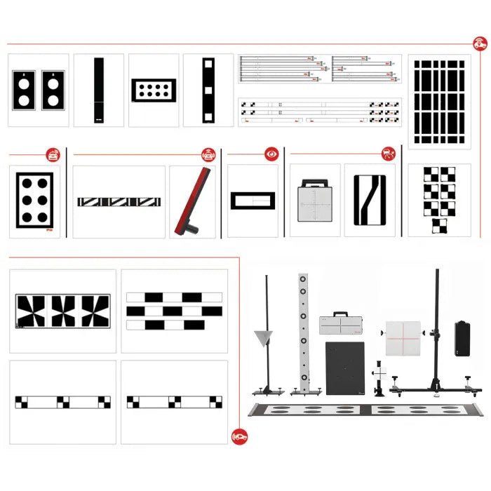 All Systems calibration target boards laid out by ADAS function with icons indicating LDW, ACC, LIDAR, Radar, NVS, RCW, Lane Watch, AVM, and BSD patterns