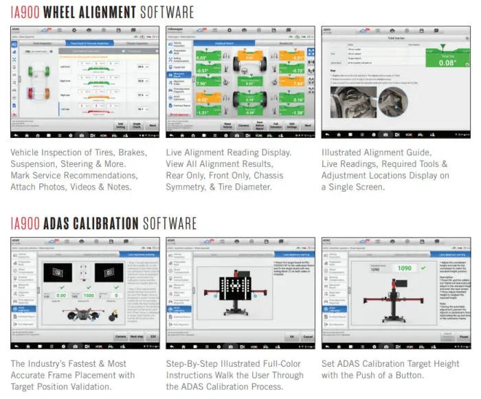 IA900 software interface screenshots: tread depth and pressure inspection, alignment results, total toe bar reading, ADAS target position validation, lane departure calibration steps, and target height adjustment